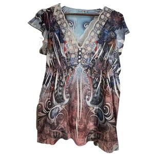 Unity World Wear multicolor V-neck tunic top XL Fairy Boho Y2K Burnout lace